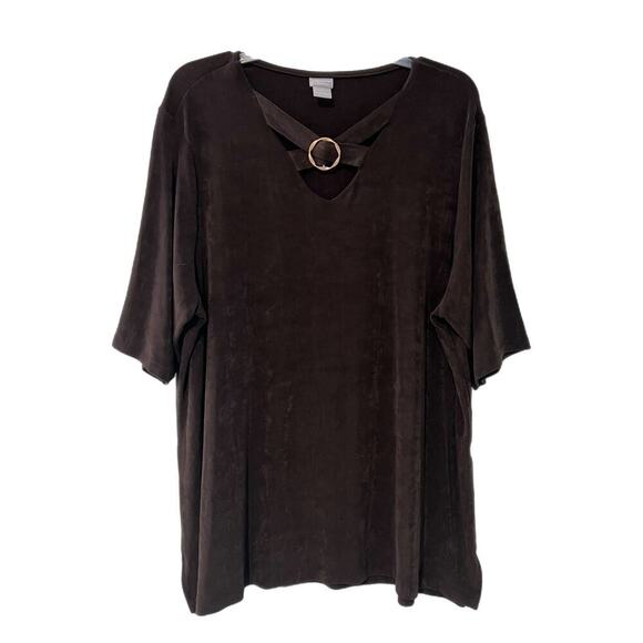 Chicos Travelers Womens Gold Ring Tunic Top Size 4 US 20/22 Brown Slinky Stretch - Picture 1 of 10